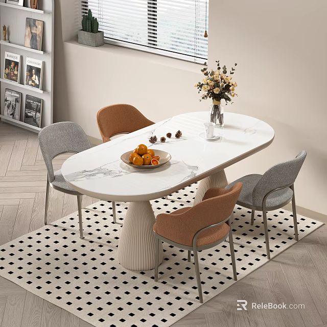 Modern Dining Table Set With Oval Marble Top Gray Orange Chairs Flower Vase And Rug 3d model 