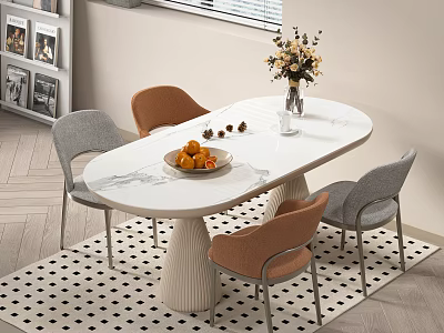 Modern Dining Table Set With Oval Marble Top Gray Orange Chairs Flower Vase And Rug 3d model