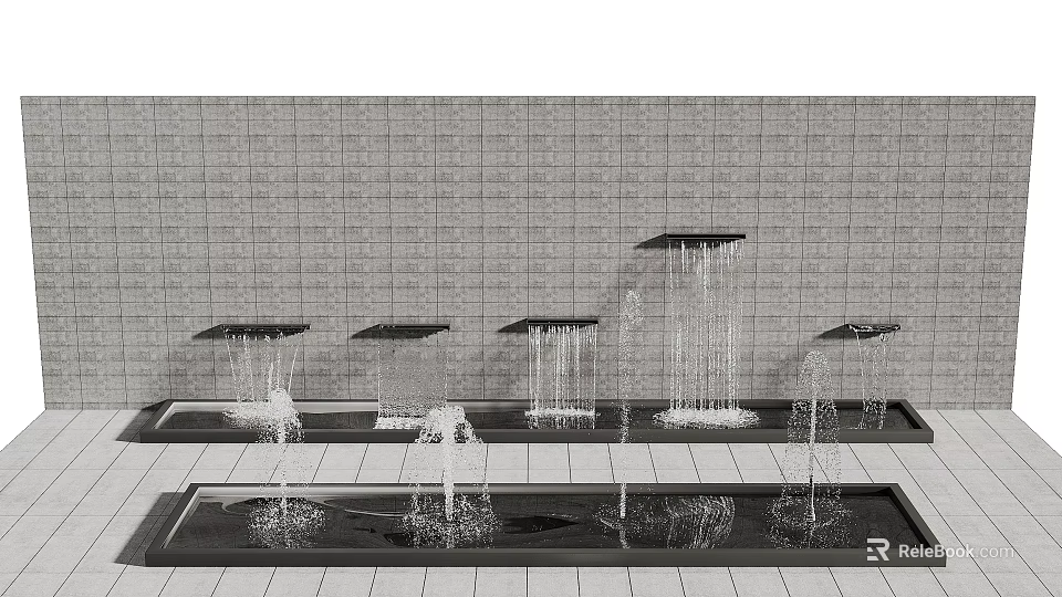 Garden Water Feature With Row Of Wall Mounted Flowing Curtains And Reflection Pool 3d model 