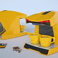 Stylish Yellow Kitchen Coffee Machine Brewing Coffee With Two Cups And Beans