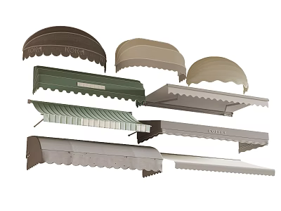 Various Outdoor Awnings with Curved Striped and Solid Color Designs in Brown Beige Green 3d model