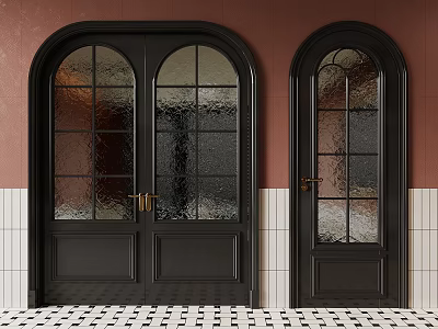 Black Arched Glass Doors With Red Wall White Tiles And Checkered Floor 3d model