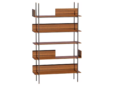 Modern Wooden Shelving Unit With Metal Frame And Multiple Storage Tiers 3d model