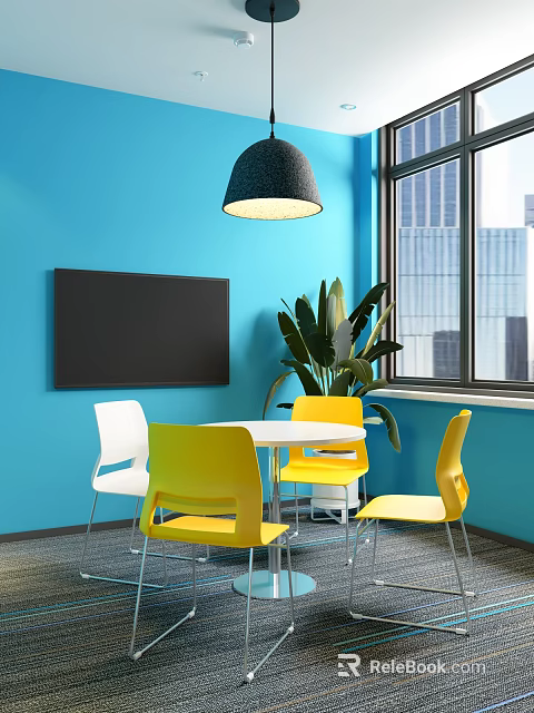 Modern Meeting Room With Blue Walls Blackboard Round Table Yellow White Chairs And Green Plant 3d model 