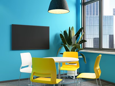 Modern Meeting Room With Blue Walls Blackboard Round Table Yellow White Chairs And Green Plant 3d model