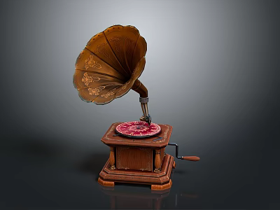 Vintage Gramophone With Wooden Base And Decorative Horn Red Record 3d model