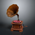 Vintage Gramophone With Wooden Base And Decorative Horn Red Record