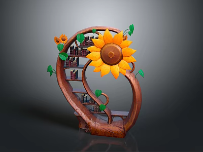 Sunflower Shaped Wooden Bookshelf With Curved Design Decorative Leaves And Books Storage 3d model