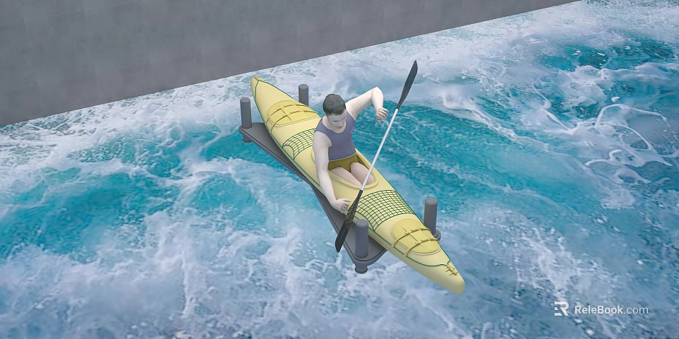 Person Paddling Yellow Kayak Through Wavy Blue Water By Gray Structure 3d model 