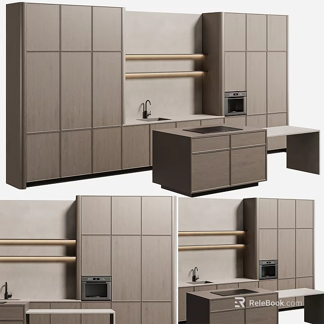 Modern Kitchen Interior Design Featuring Wooden Cabinets Island Shelves Oven And Sink 3d model 