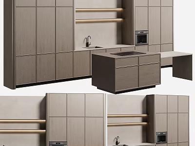 Modern Kitchen Interior Design Featuring Wooden Cabinets Island Shelves Oven And Sink 3d model