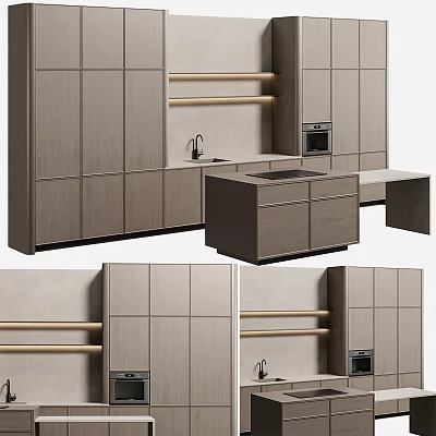 Modern Kitchen Interior Design Featuring Wooden Cabinets Island Shelves Oven And Sink 3d model