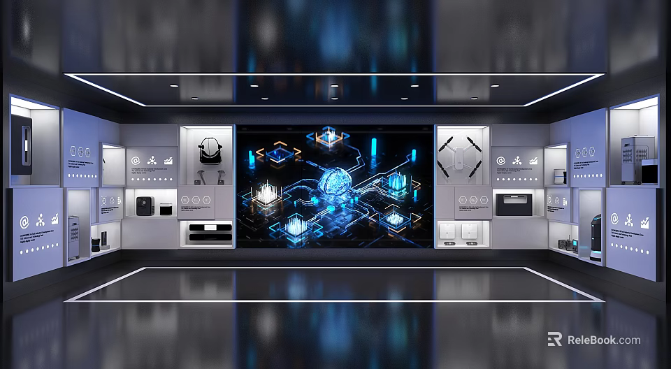 Futuristic Tech Control Room With Holographic Projections Blue Glowing Elements And Interactive Panels 3d model