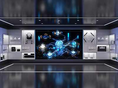 Futuristic Tech Control Room With Holographic Projections Blue Glowing Elements And Interactive Panels 3d model