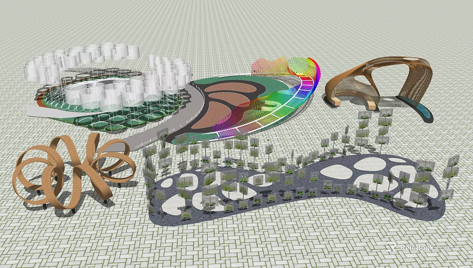 3D Landscape Design Model With Architectural Structures Greenery And Colorful Pathways 3d model 