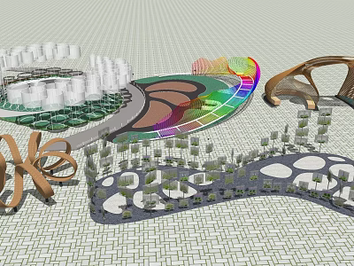 3D Landscape Design Model With Architectural Structures Greenery And Colorful Pathways 3d model