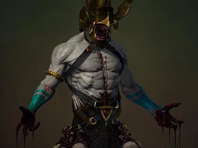 Game Movie Character With Horned Helmet Muscular Blue Tattoos Black Leather Armor Blood Dripping Hands 3d model