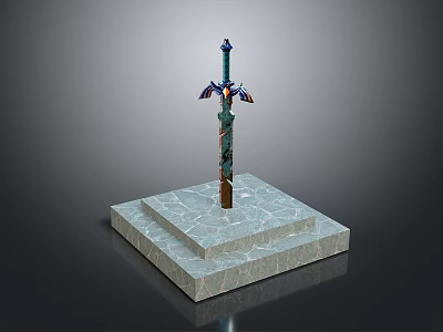 Decorative Ancient Sword With Wing Shaped Hilt On Square Marble Pedestal 3d model