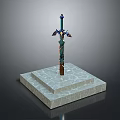 Decorative Ancient Sword With Wing Shaped Hilt On Square Marble Pedestal