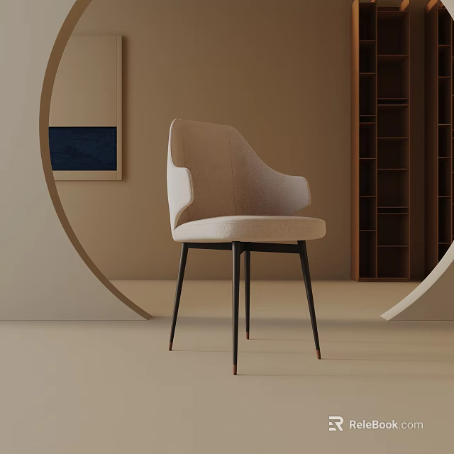 Modern Beige Upholstered Dining Chair With Curved Back And Black Metal Legs In Minimalist Interior 3d model 