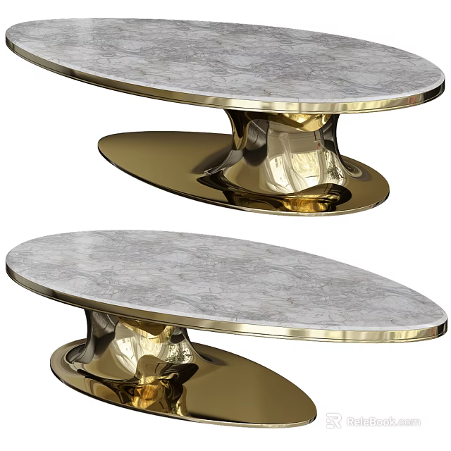 Elegant Modern Oval Coffee Table With Marble Top And Gold Metal Base 3d model 