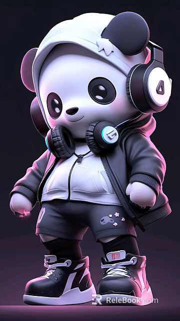 Cute Panda Doll Decorative Ornament Set With Headphones And Stylish Outfit 3d model 
