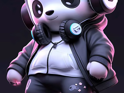 Cute Panda Doll Decorative Ornament Set With Headphones And Stylish Outfit 3d model