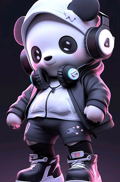 Cute Panda Doll Decorative Ornament Set With Headphones And Stylish Outfit 3d model