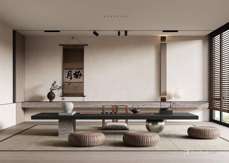 Modern Zen Tea Room Interior With Calligraphy Scroll Tea Table And Round Cushions 3d model 