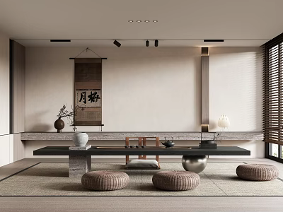 Japanese Style Tea Room Tatami Tea Room Zen Style Tea Room Tea Table and Chair Combination Futon Cushion Decorative Painting Vase Ornaments Tea Set