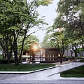Tranquil Residential Landscape With Lush Trees Green Lawn Stone Pathway And Seating Area