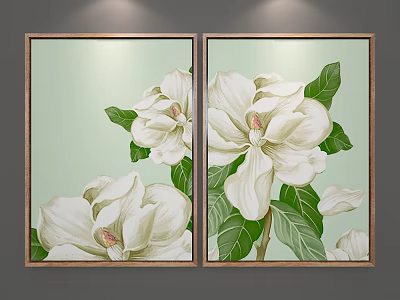 Elegant Botanical Paintings With White Magnolia Flowers Green Leaves Light Green Background And Wooden Frames 3d model