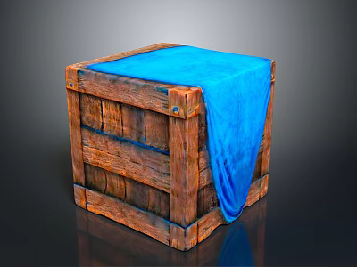 Rustic Wooden Crate Covered With Blue Draped Cloth And Textured Surface 3d model