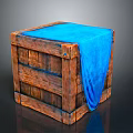 Rustic Wooden Crate Covered With Blue Draped Cloth And Textured Surface