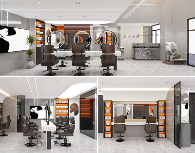 Modern Hair Salon Interior Design With Styling Chairs Mirrors Workstations And Shelves 3d model