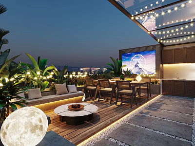 Modern Rooftop Terrace With String Lights Green Plants Sofa Coffee Table And Night View 3d model