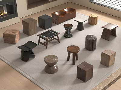 Various Stylish Wooden Stools With Different Designs In Living Room Interior 3d model