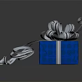 Decorative Blue Gift Box With White Ribbon Bow And Scattered Ribbons On Dark Reflective Surface