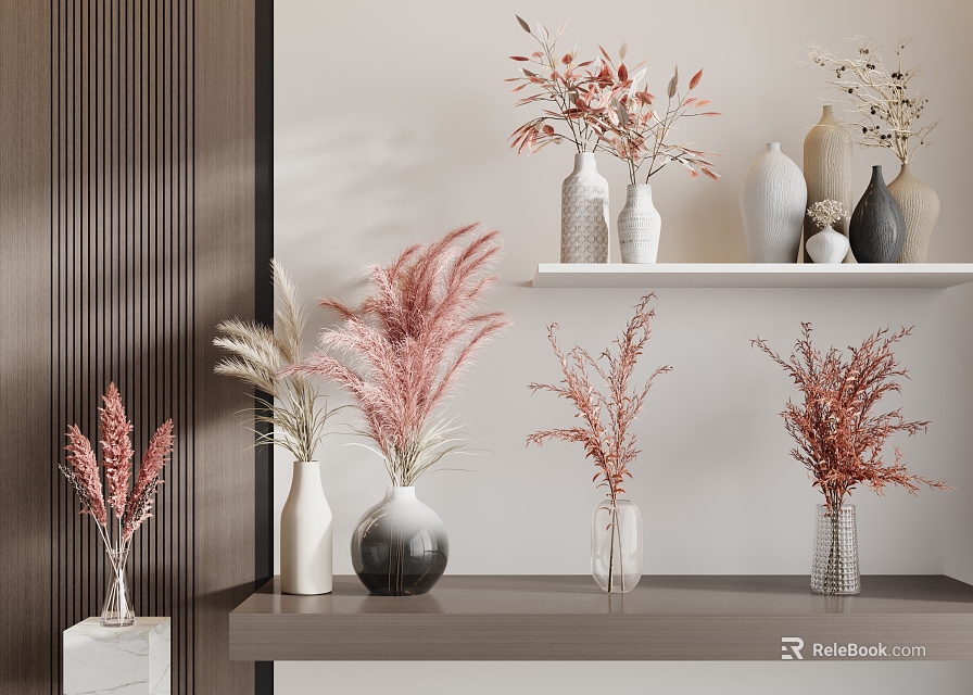 Stylish Vases With Pink White Dried Flowers On Modern Shelves And Countertops For Home Decor 3d model 