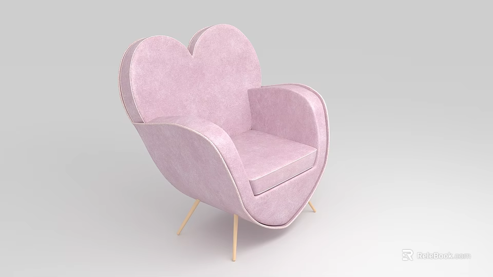 Pink Heart Shaped Single Sofa With Soft Velvet Upholstery And Golden Legs 3d model 
