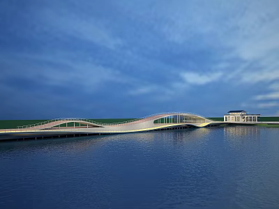 Scenic Waterfront Landscape With Curved Bridge Calm Water Blue Sky And Nearby Building 3d model