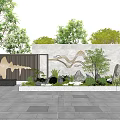 Modern Landscape Feature Wall With Mountain Pattern Green Plants And Stone Pavement 3d model