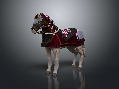 Elegantly Decorated White Horse With Red Saddle Pad Checkerboard Pattern And Bridle 3d model