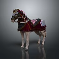 Elegantly Decorated White Horse With Red Saddle Pad Checkerboard Pattern And Bridle
