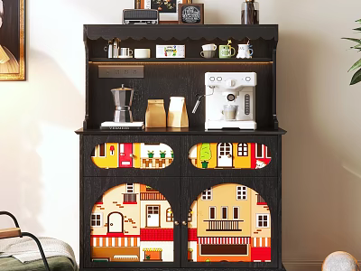Stylish Modern Sideboard With Coffee Machine Cups And Decorative Window Patterns For Home Decor 3d model