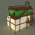 Cartoon Scene Multi Level Building With Green Walls Balconies Colorful Roofs And Awnings