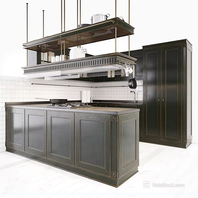 Modern Kitchen Interior With Dark Cabinets Island Counter And Range Hood 3d model 