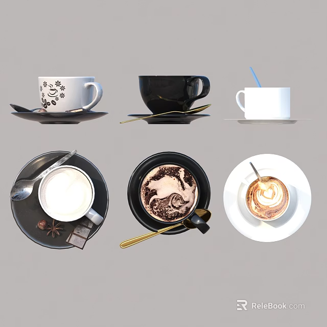Various Coffee Drinks with Latte Art in Different Cups Saucers and Spoons 3d model 