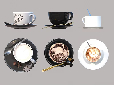 Various Coffee Drinks with Latte Art in Different Cups Saucers and Spoons 3d model