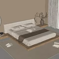 Cozy Modern Double Bed with White Sheets Brown Blanket Pillows Nightstand Carpet and Pendant Light